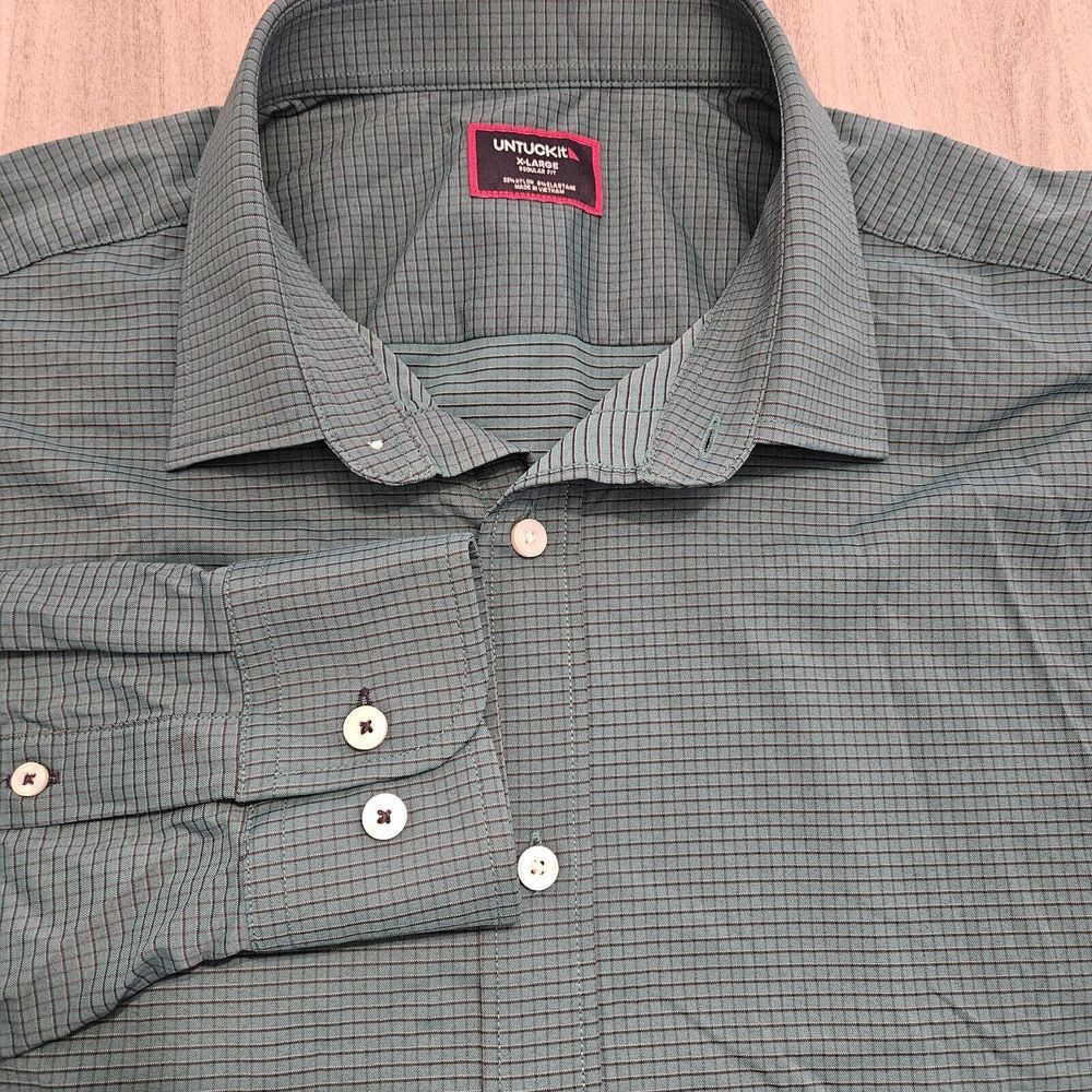 Untuckit Mens Shirt XL Green Plaid Long Sleeve Nylon Button Down Stretch Regular